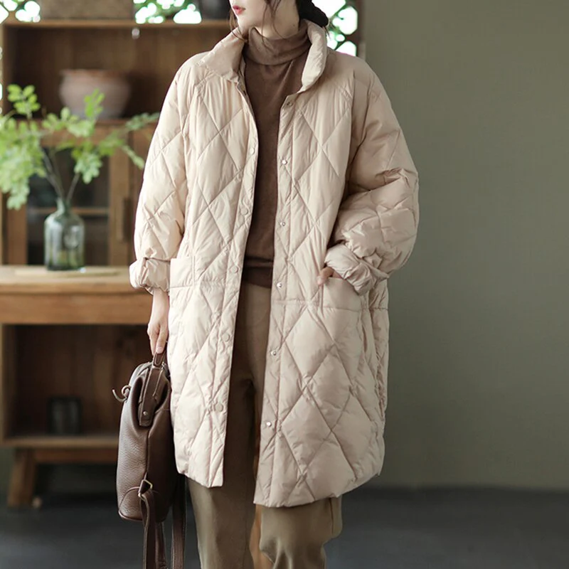 Black Friday Sales Autumn Winter Women Ultra Light Loose Long Down Parka Casual Female Single Breasted White Duck Down Coat Warm Outwear - Deanwangkt