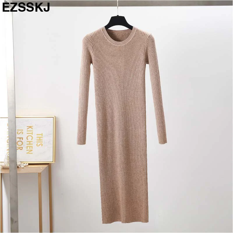 Christmas Gift Autumn Winter long Sweater dress women solid bodycon Thick dress Female Jumper O-neck slim basic knit dress Long sleeve - Deanwangkt