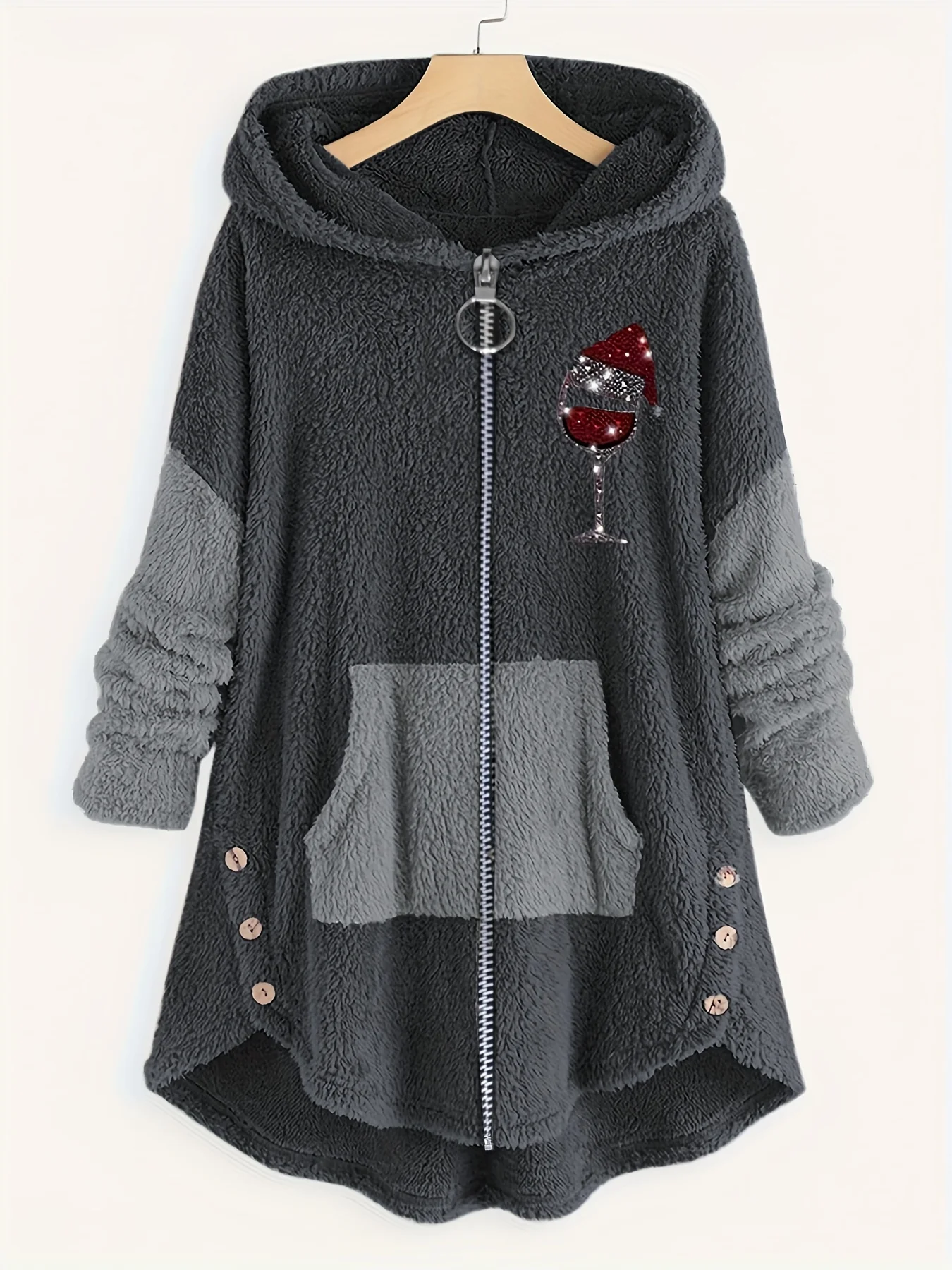 deanwangkt-1  Plus Size Christmas Casual Coat, Women's Plus Sequin Christmas Hat Wine Glasses Zipper Long Sleeve Plush Hooded Teddy Coat - Deanwangkt