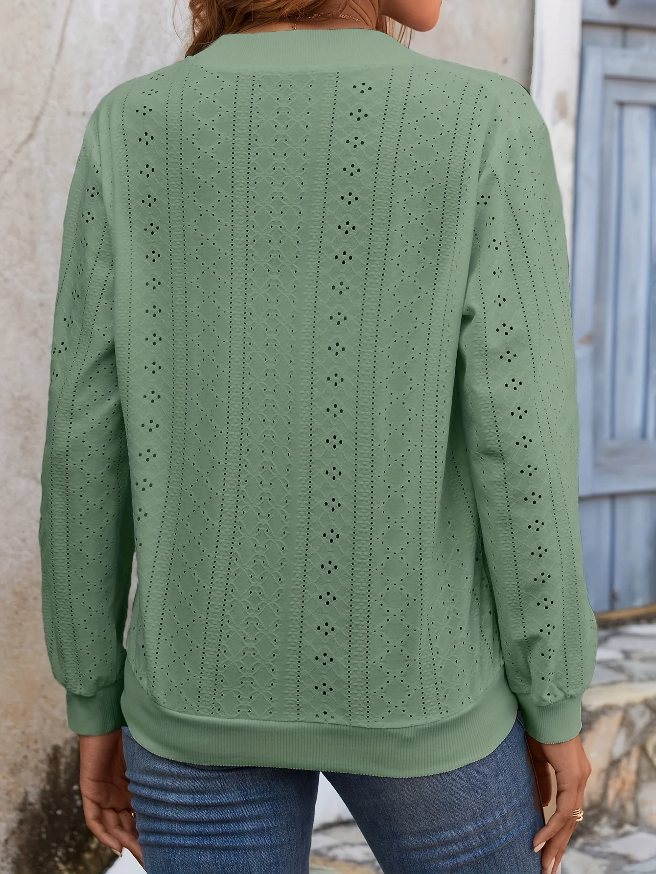 deanwangkt-1  Eyelet Zip Up Bomber Jacket, Casual Long Sleeve Versatile Outerwear, Women's Clothing - Deanwangkt