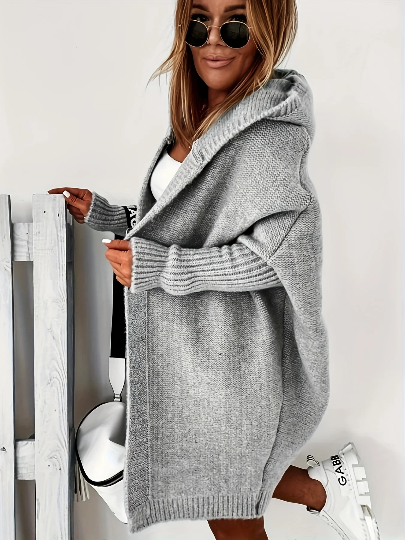 deanwangkt-1  Solid Open Front Hooded Cardigan, Casual Batwing Sleeve Mid Length Sweater For Fall & Winter, Women's Clothing - Deanwangkt