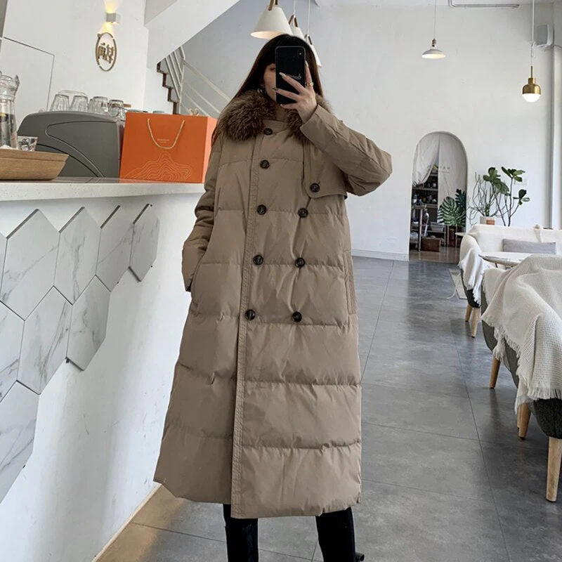Black Friday Sales New Winter Women Natural Fox Fur Collar 90% White Duck Down Parka Casual Female Double Breasted Long Down Coat Outwear - Deanwangkt