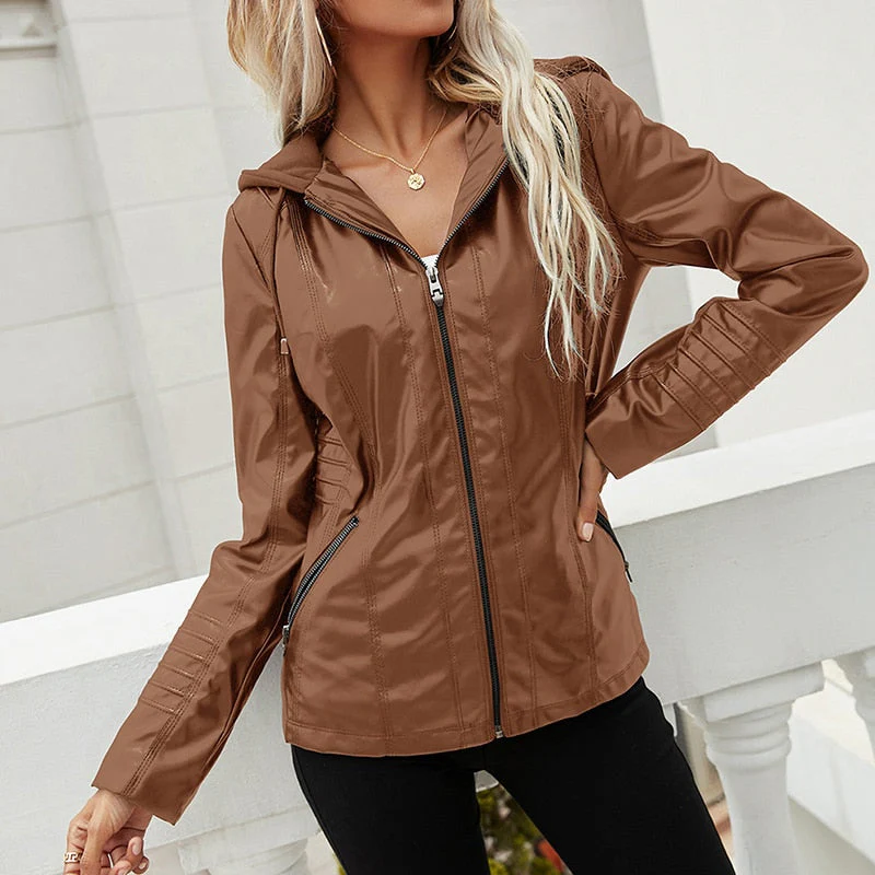 Black Friday Sales Spring Autumn Women Hooded Faux Soft Pu Leather Jacket Streetwear Female Moto Biker Zipper Coat Lady Windproof Outwear - Deanwangkt