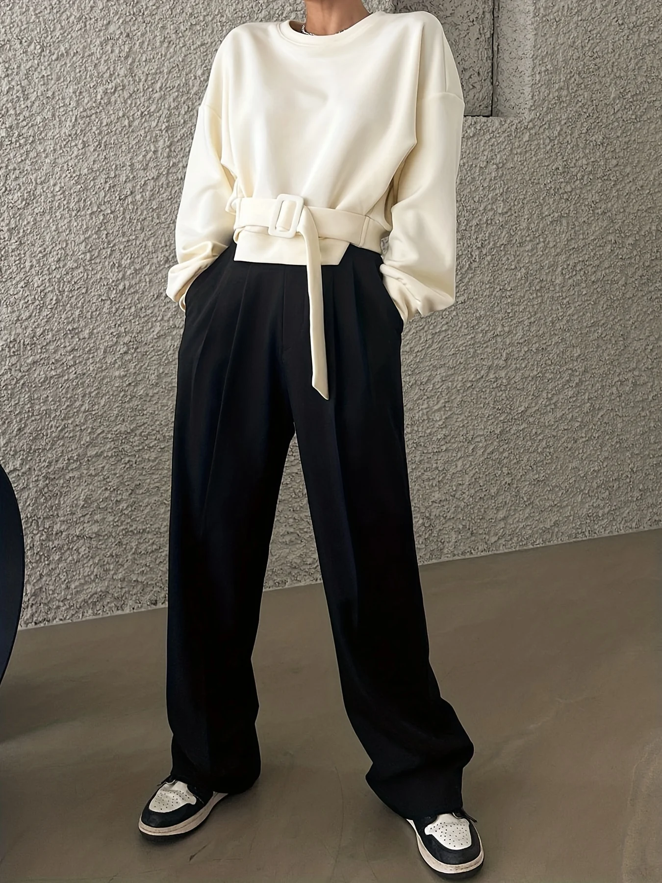 deanwangkt-1  Solid Belted Pullover Sweatshirt, Casual Long Sleeve Crew Neck Sweatshirt For Spring & Fall, Women's Clothing - Deanwangkt