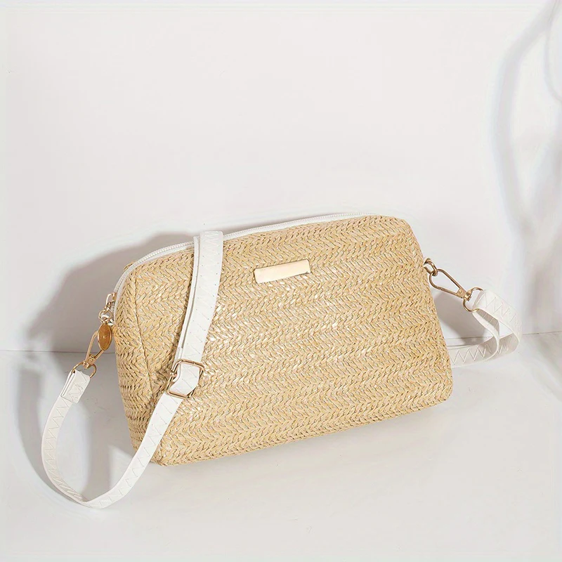 Woven Elegant Crossbody Bag, Zipper Holiday Vacation Beach Bag With Adjustable Strap - Deanwangkt