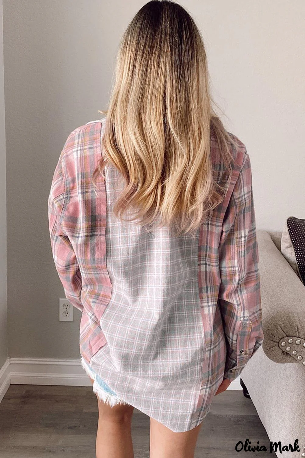 Deanwangkt - Pink Plaid Button Down Long Sleeve Shirt With Color Block Pocket - Deanwangkt