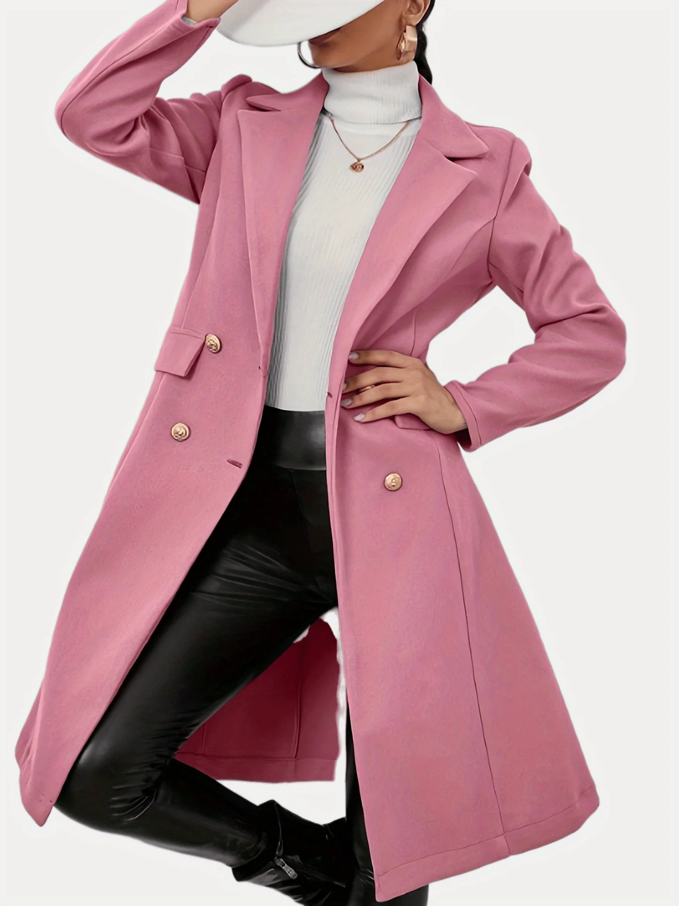 deanwangkt-1  Solid Double Breasted Lapel Overcoat, Versatile Long Sleeve Thermal Coat For Winter, Women's Clothing - Deanwangkt