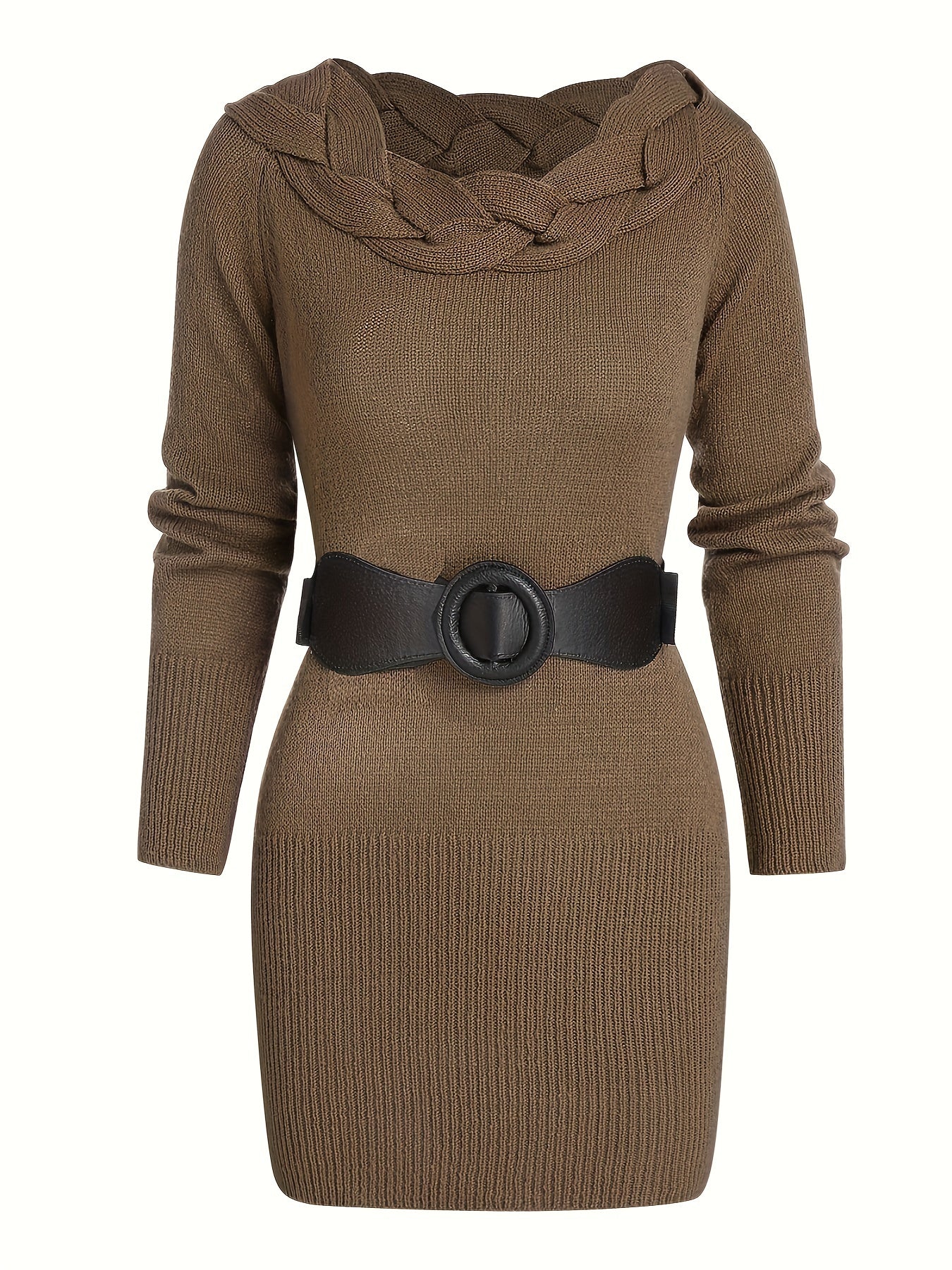 deanwangkt-1  Solid Cable Knit Belted Dress, Elegant Long Sleeve Dress For Fall & Winter, Women's Clothing - Deanwangkt