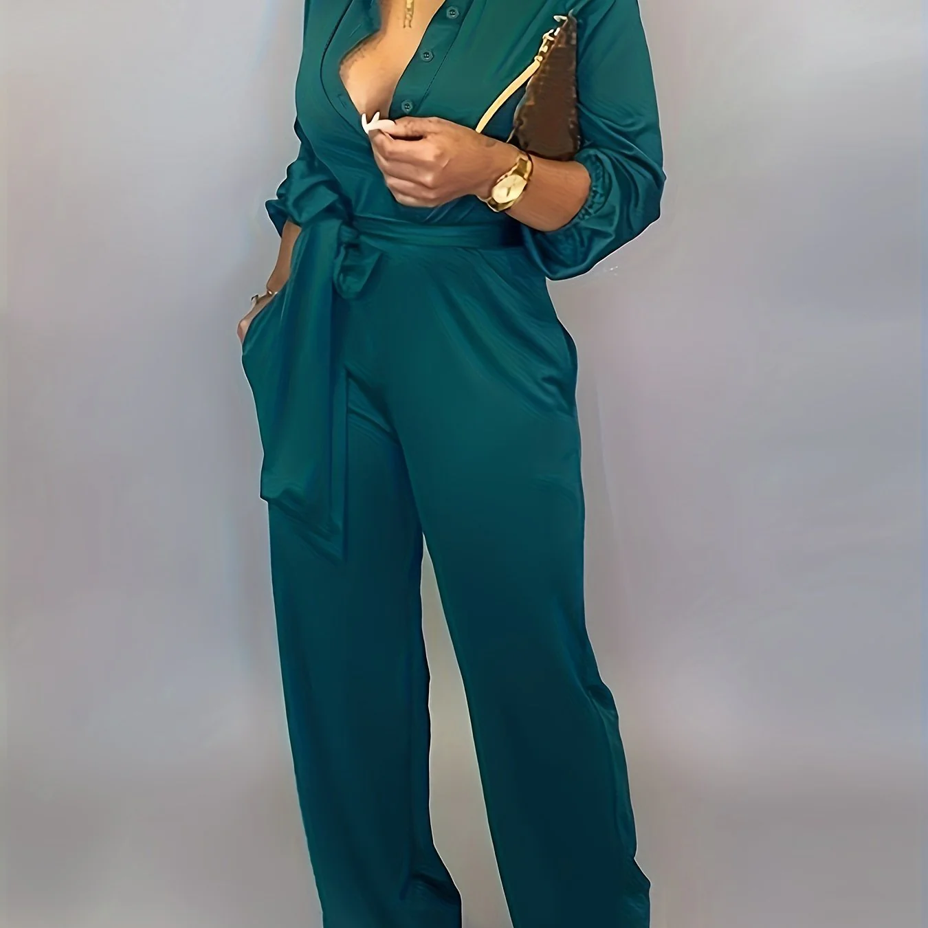 Solid Button Belted Jumpsuit, Casual Long Sleeve Jumpsuit For Spring & Fall, Women's Clothing - Deanwangkt