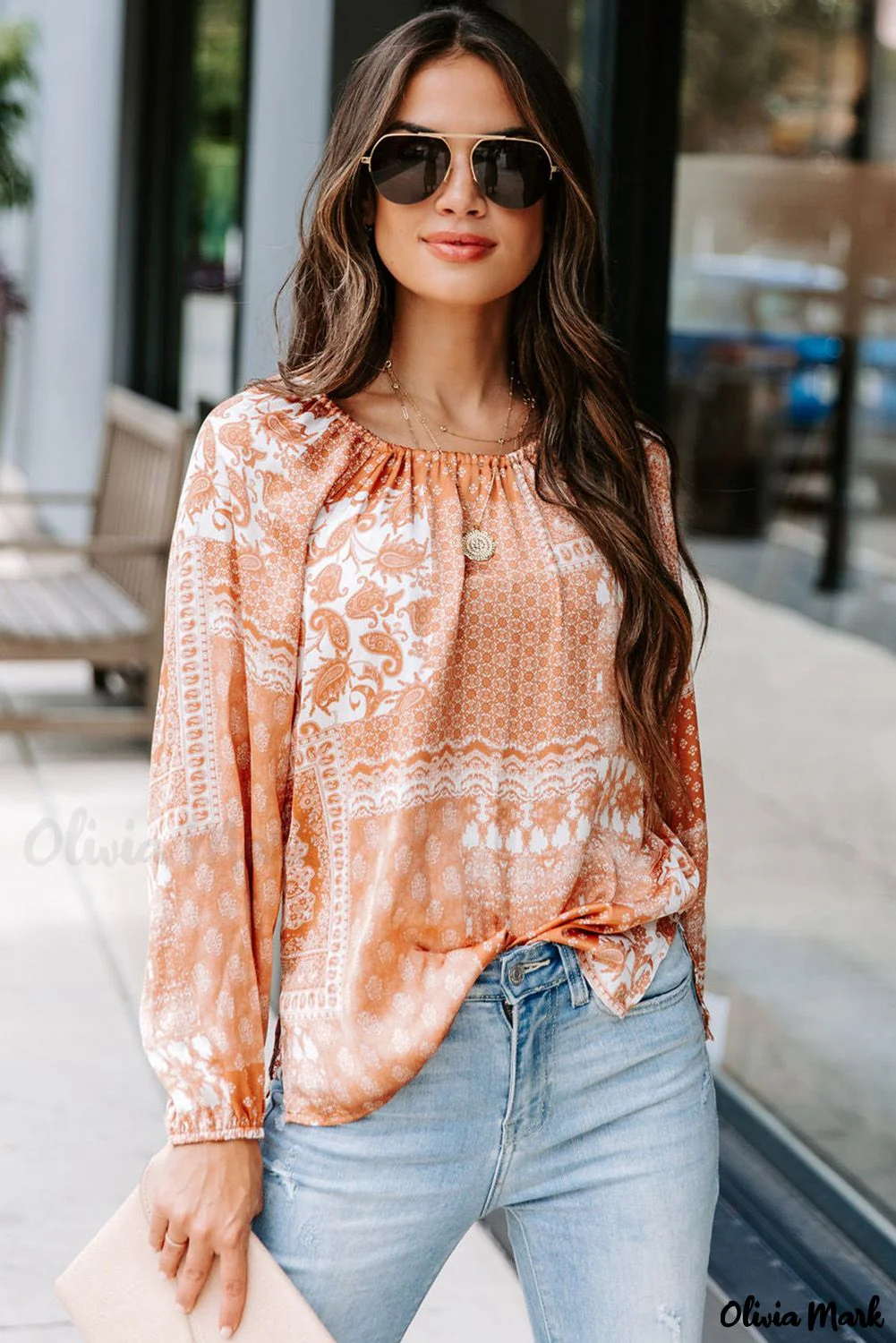 Deanwangkt - Orange round neck bohemian print blouse with drawstring - Deanwangkt