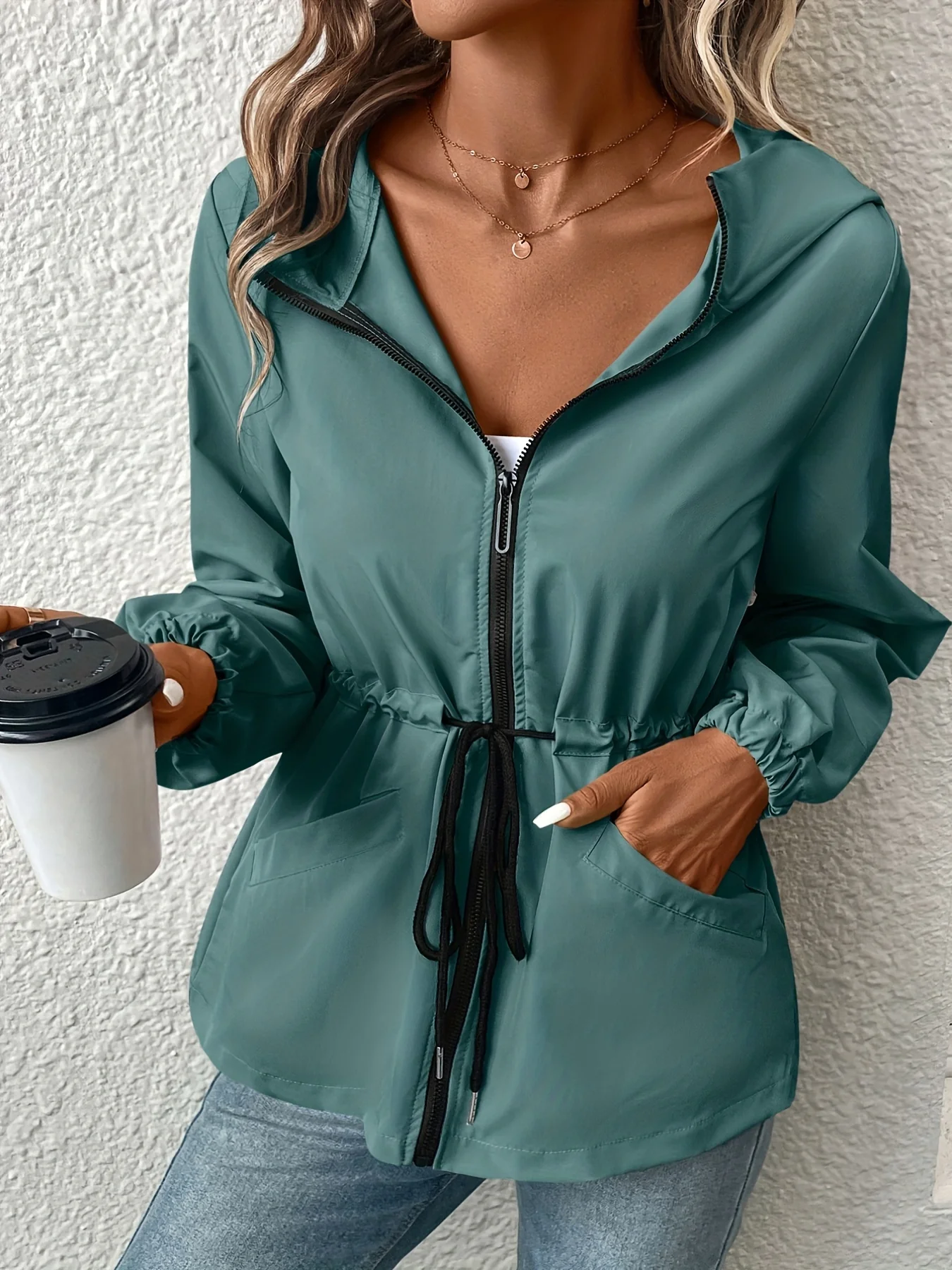 deanwangkt-1 Solid Drawstring Windproof Jacket, Casual Long Sleeve Hooded Zip Up Outerwear With Pockets, Women's Clothing - Deanwangkt