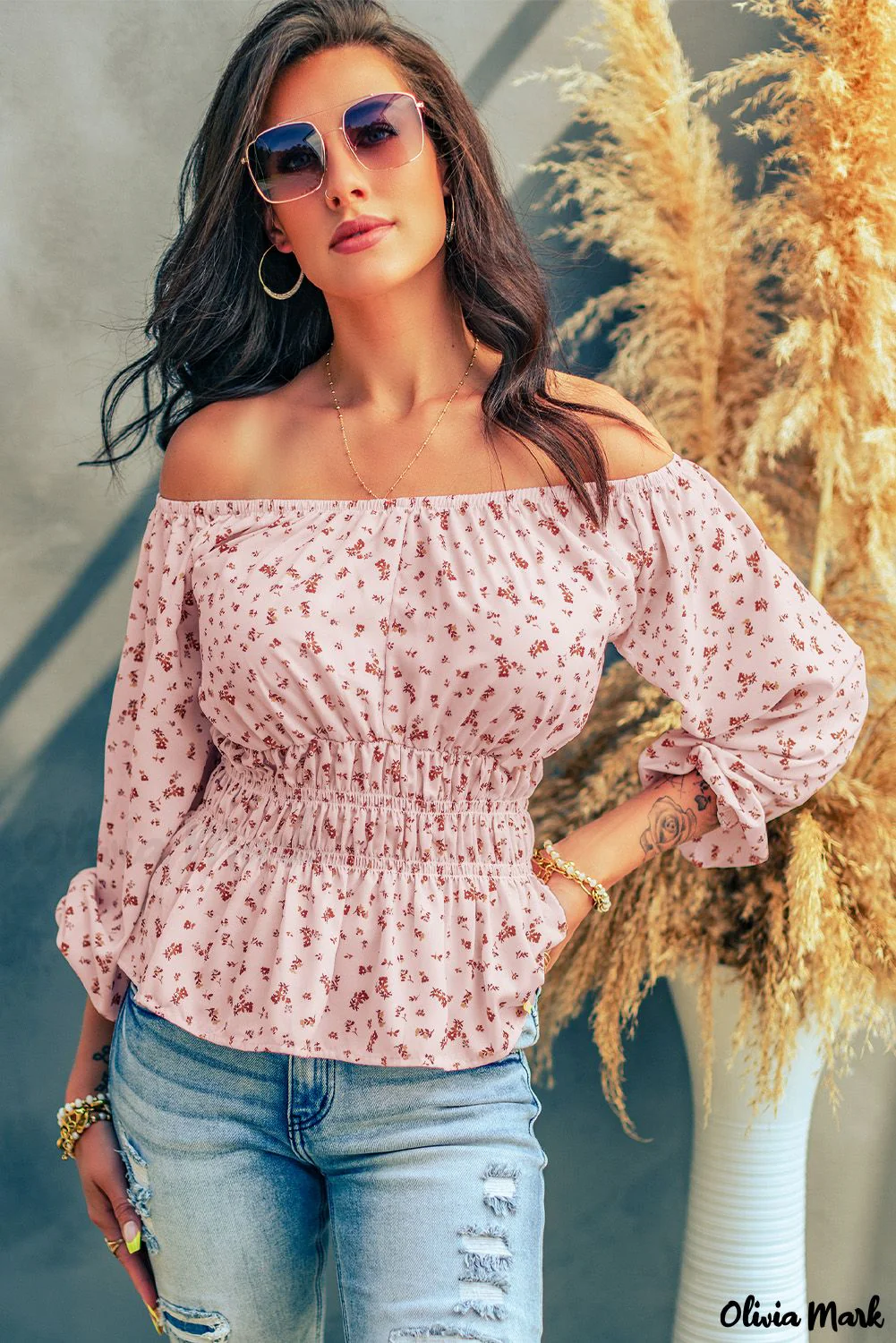 Deanwangkt - Pink blouse with peplum and smocked waist with flowers and bare shoulders - Deanwangkt