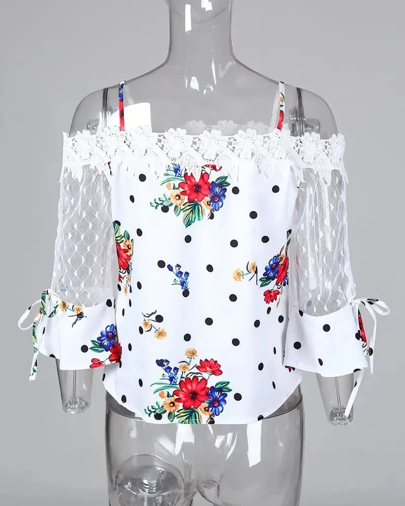 Deanwangkt - Polka Dot Lace Floral Off-the-Shoulder Top - Deanwangkt