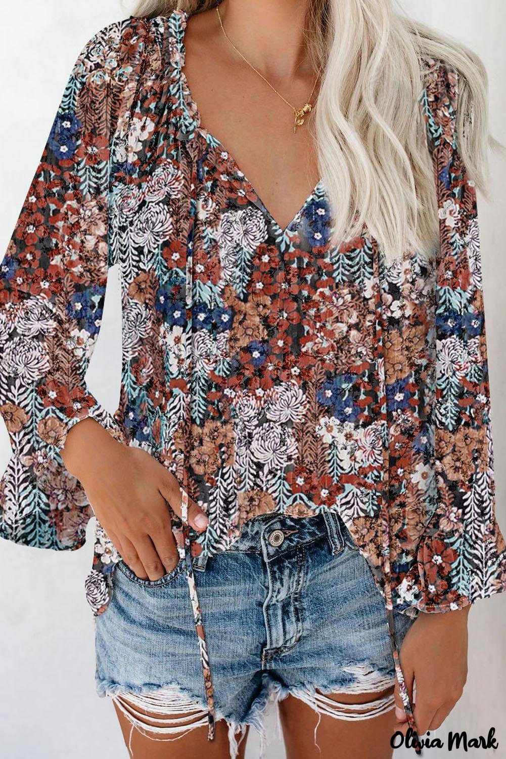 Deanwangkt - Multicolor Floral Print Drawstring Long Sleeve Blouse - Deanwangkt