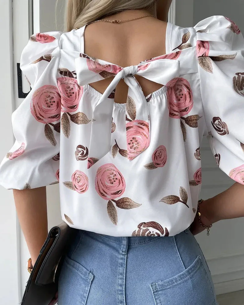 Deanwangkt - Floral Print Puff Sleeve Tie Back Blouse - Deanwangkt