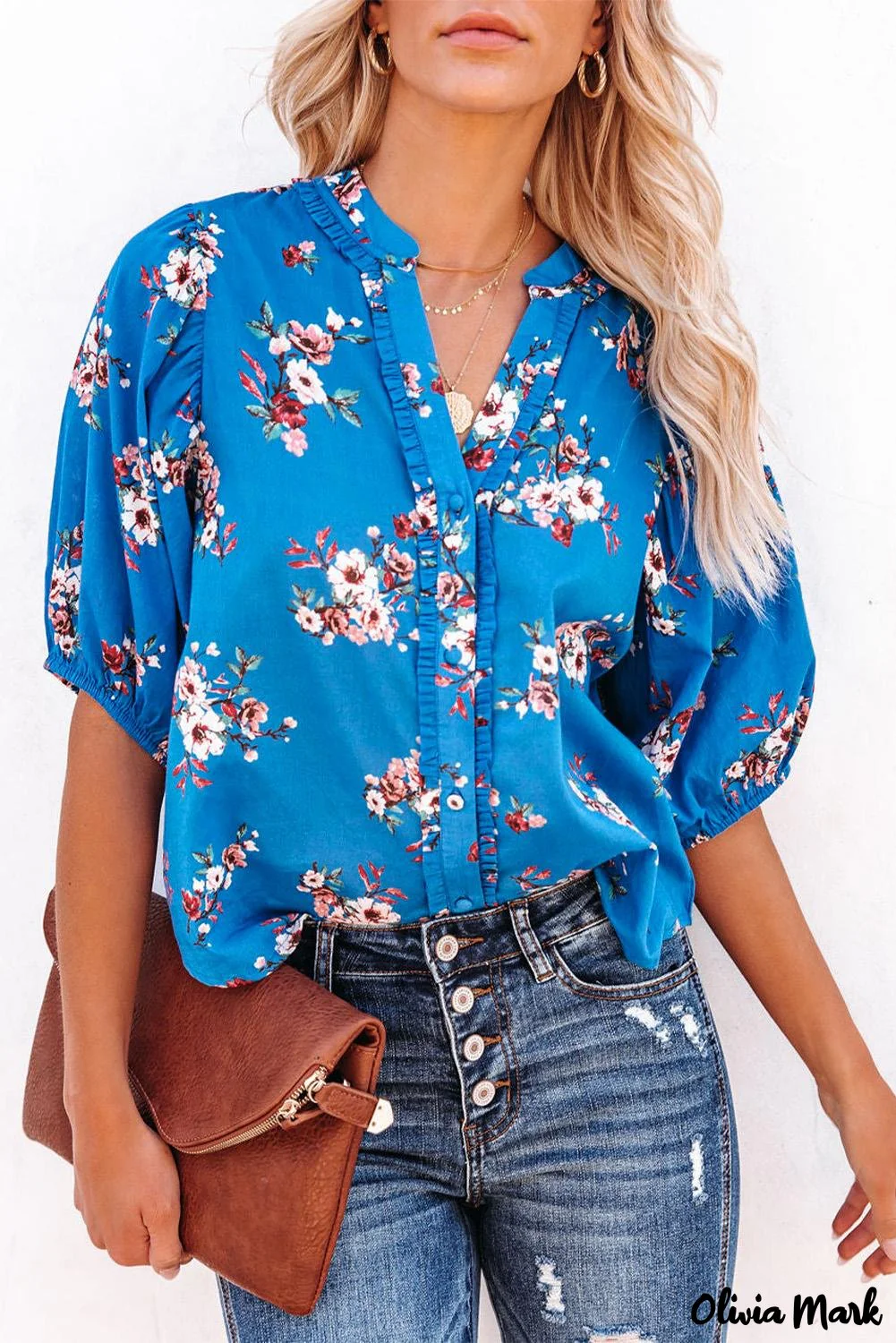 Deanwangkt - Blue Floral Print Button Up Puff Sleeve Blouse - Deanwangkt