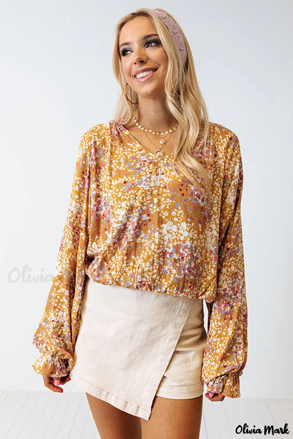 Deanwangkt - Yellow Floral Split V-Neck Blouse - Deanwangkt