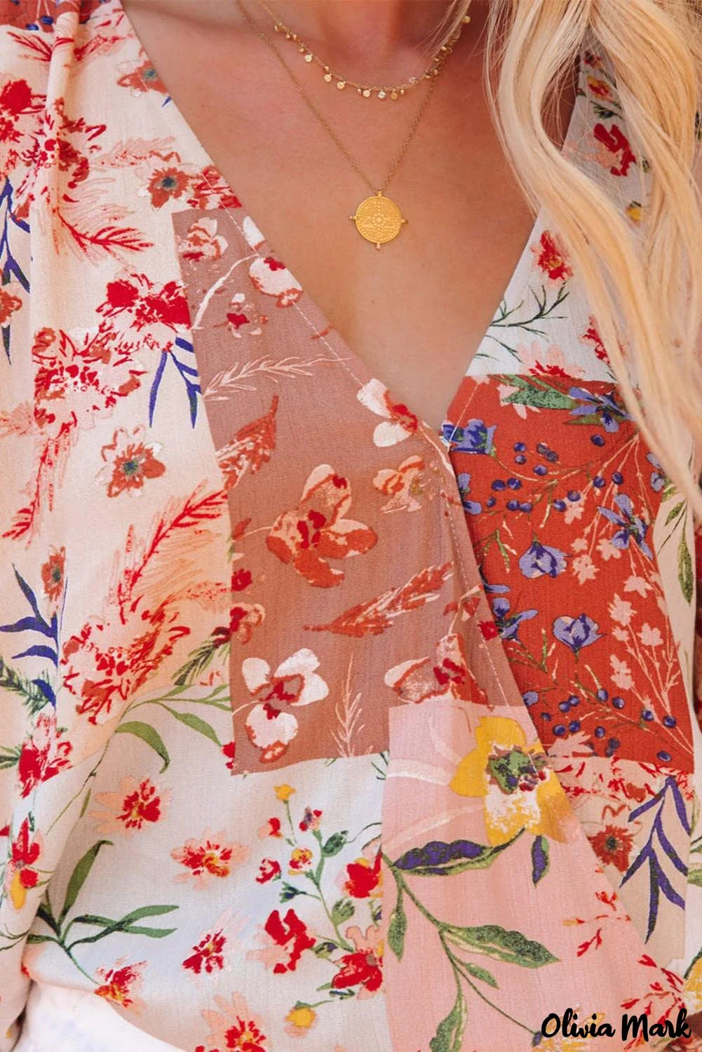 Deanwangkt - Multicolor Patchwork Floral Print V-Neck Wrap Blouse - Deanwangkt