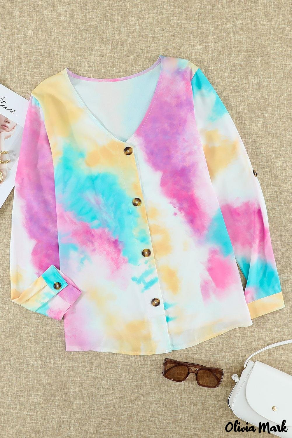 Deanwangkt - Blue Tie-Dye Long Sleeve V-Neck Blouse With Button Closure - Deanwangkt