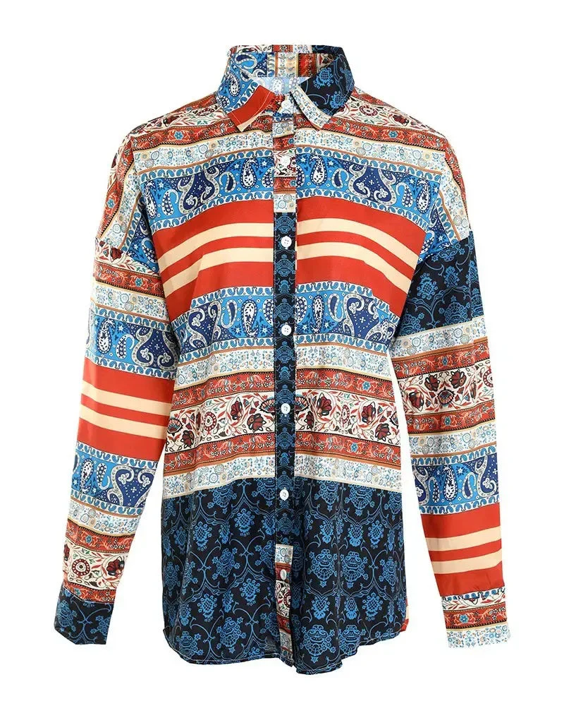 Deanwangkt - Striped Paisley Print Button-Up Shirt - Deanwangkt
