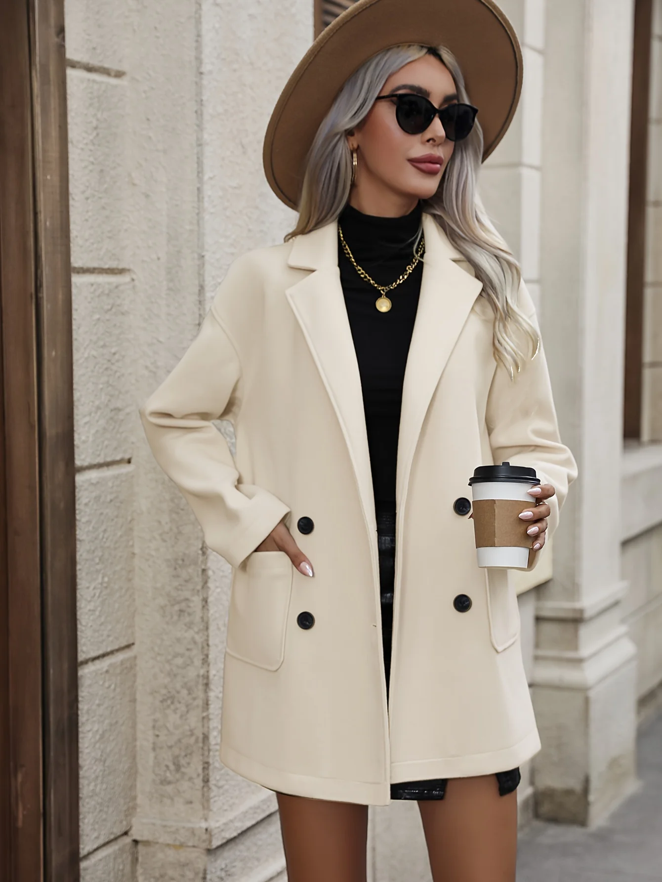 deanwangkt-1  Double Breasted Solid Overcoat, Elegant Lapel Long Sleeve Outerwear, Women's Clothing - Deanwangkt