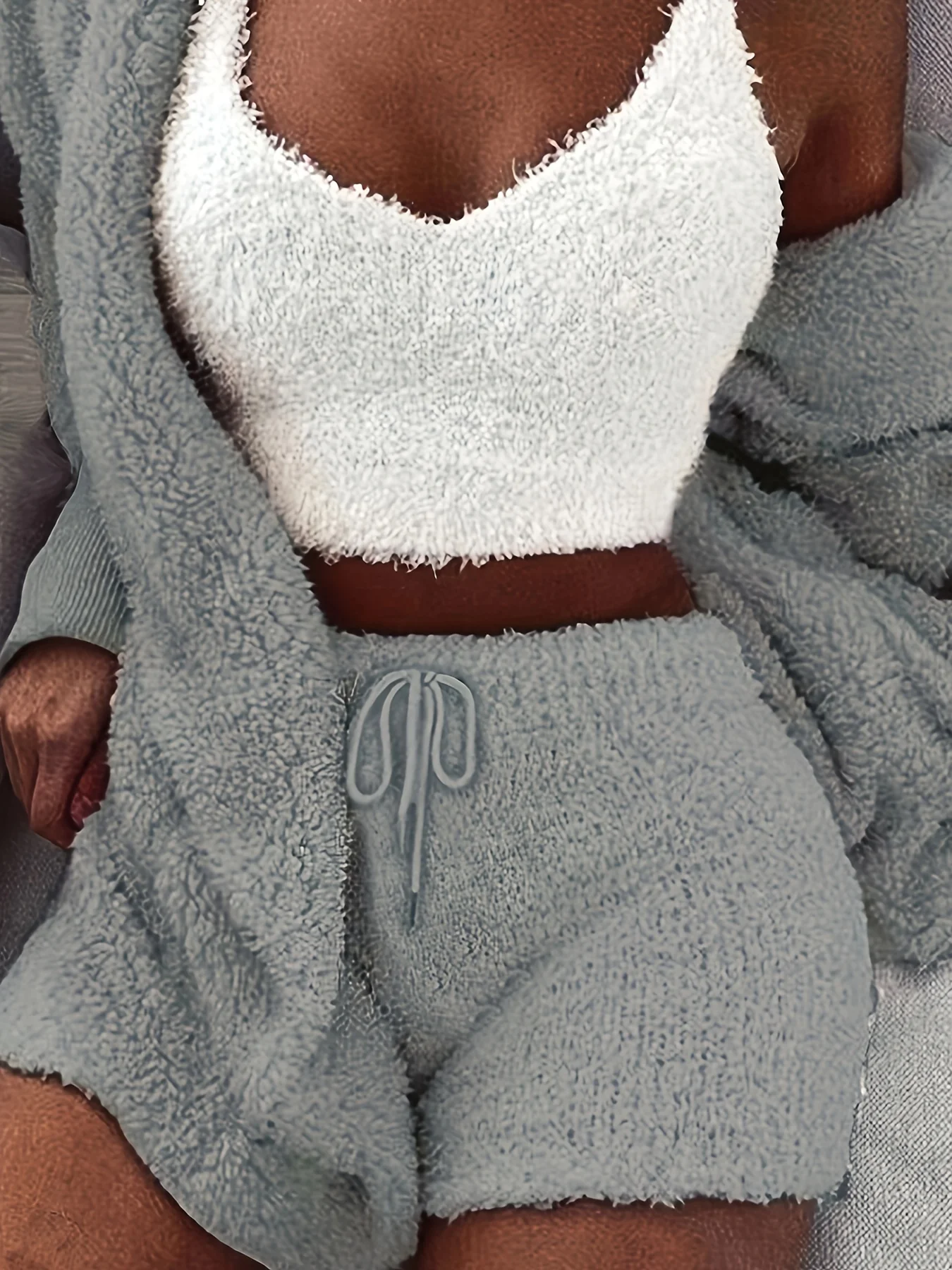 deanwangkt-1  Warm Fuzzy Pajama Set, Long Sleeve Hooded Robe & Tank Top & Drawstring Shorts, Women's Sleepwear & Loungewear - Deanwangkt