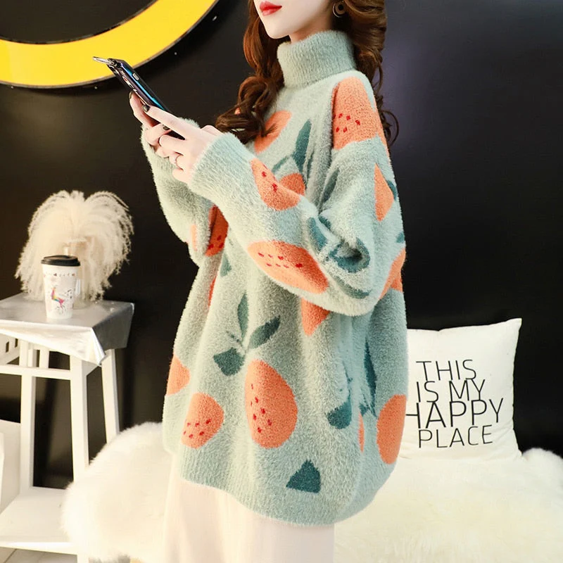 Black Friday Sales Knit Plush Sweater Women Loose Turtleneck Female Pullovers Cute Fruit Printed Woman Sweater Winter Soft Sweet Thick Pullovers - Deanwangkt
