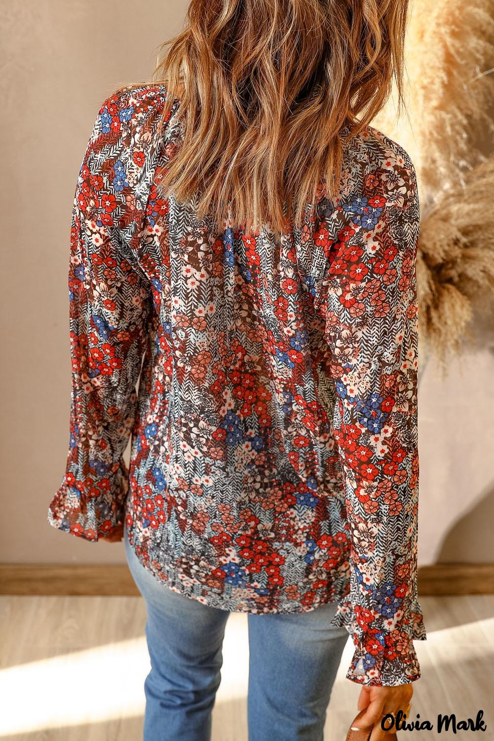 Deanwangkt - Multicolor Floral Print Drawstring Long Sleeve Blouse - Deanwangkt