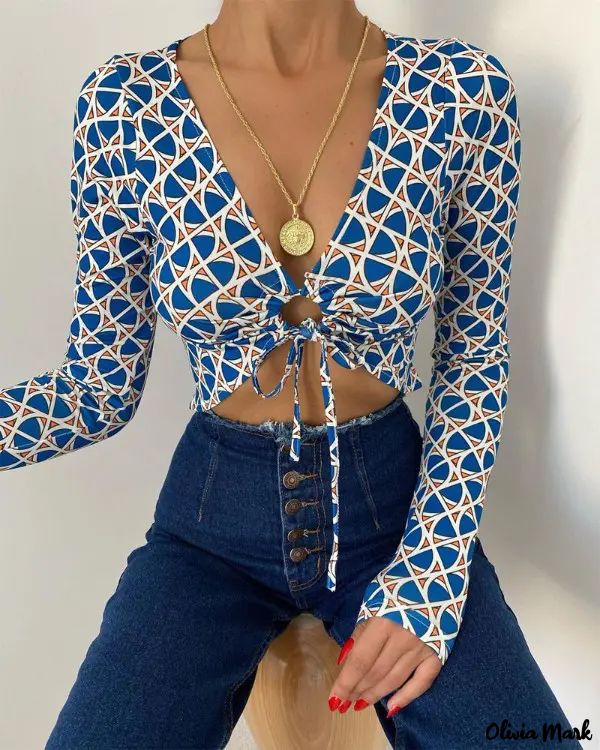 Deanwangkt - Geometric Print Long Sleeve Tied Crop Top - Deanwangkt
