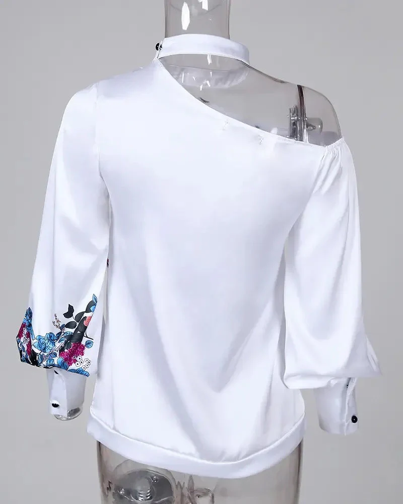 Deanwangkt - One Shoulder Floral Print Lantern Sleeve Top - Deanwangkt