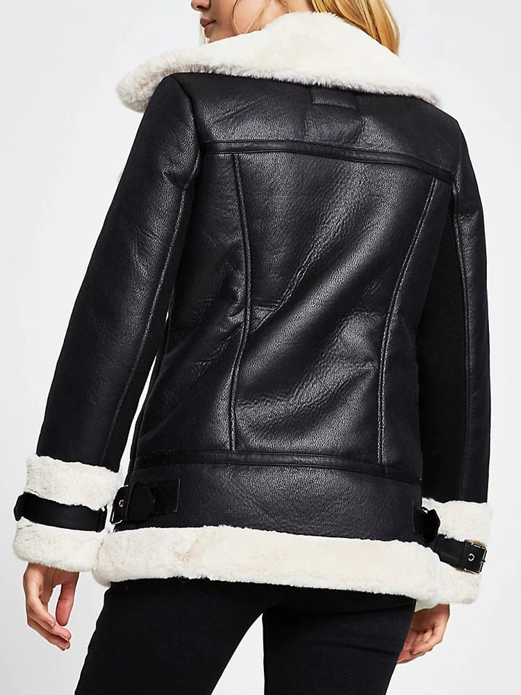 Black Friday Sales Ailegogo Autumn Winter Coat Women Pu Faux Soft Leather Black White Sheepskin Fur Jacket Female Aviator Outwear Casaco Feminino - Deanwangkt