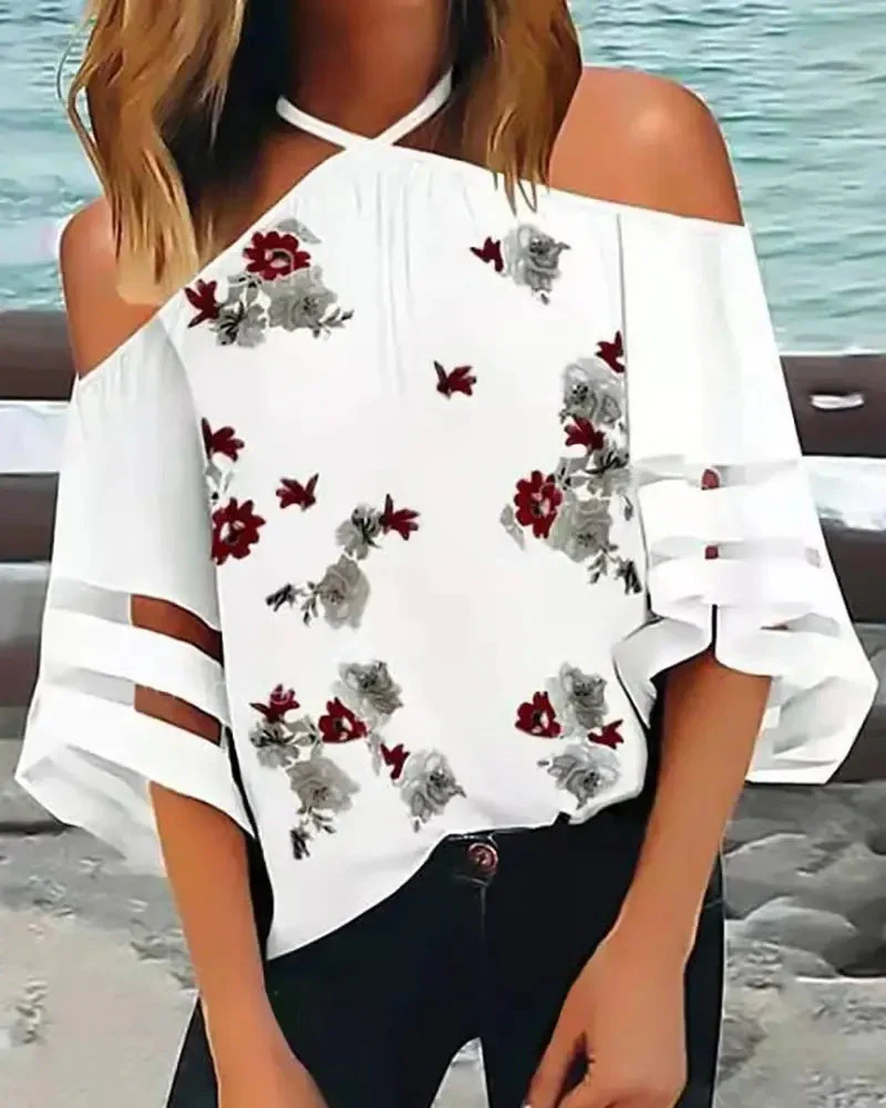 Deanwangkt - Off The Shoulder Floral Print Sheer Mesh Top - Deanwangkt