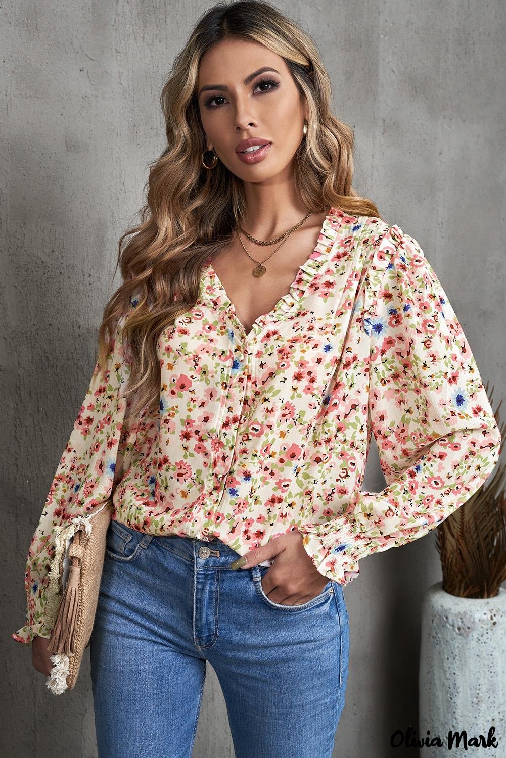 Deanwangkt - Floral Print V-Neck Long Sleeve Shirt - Deanwangkt