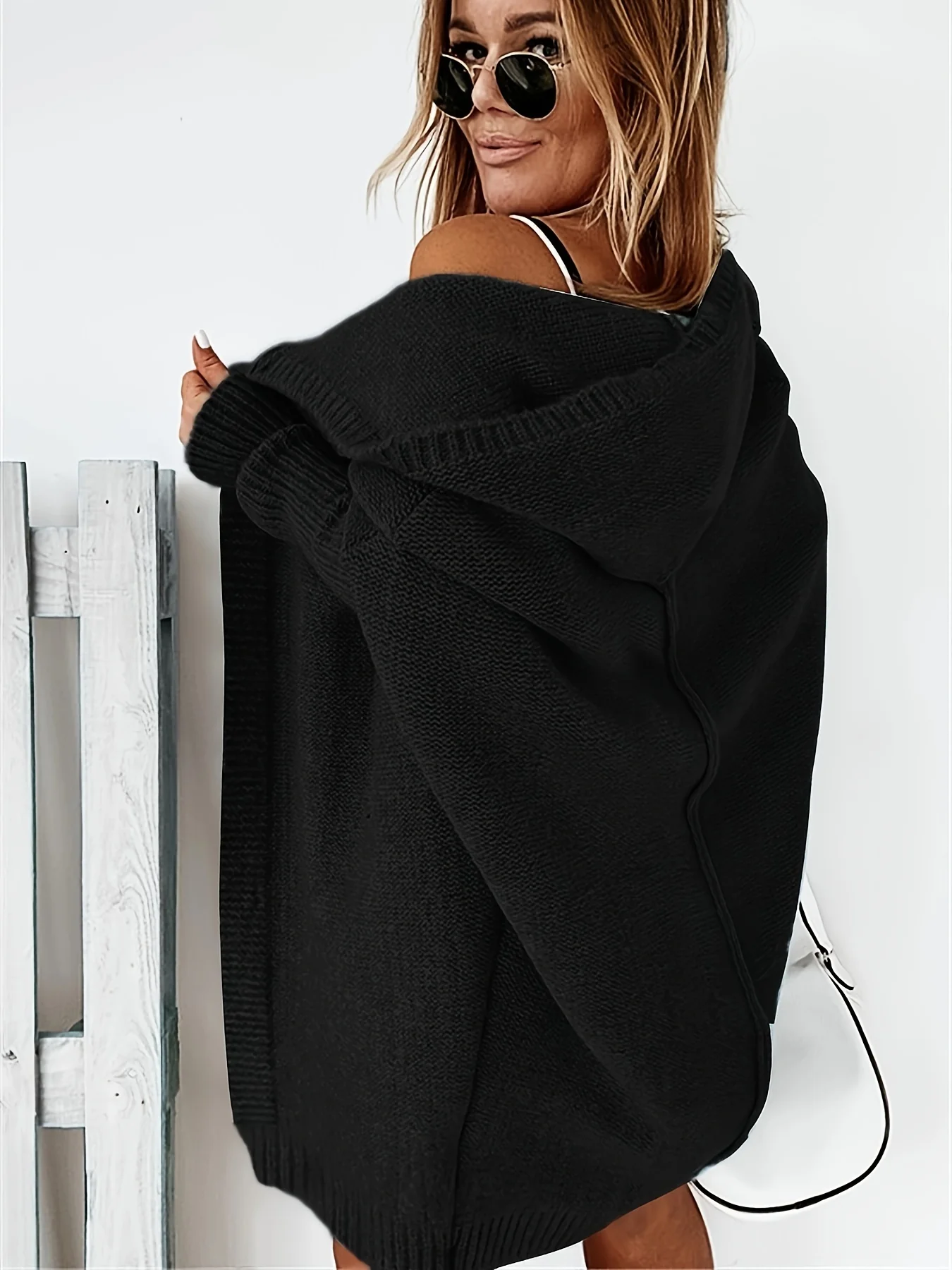 deanwangkt-1  Solid Open Front Hooded Cardigan, Casual Batwing Sleeve Mid Length Sweater For Fall & Winter, Women's Clothing - Deanwangkt