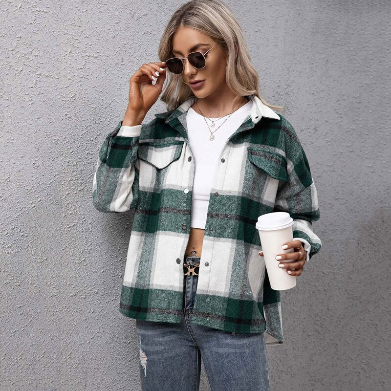 Christmas Gift Deanwangkt Autumn Checkered Jacket Women Winter Plaid Jacket Overshirt Ladies Warm Thicken Button Shirt Jacket Coat Women - Deanwangkt