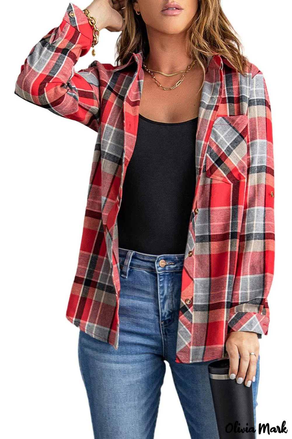 Deanwangkt - Red checkered button down blouse with pocket - Deanwangkt