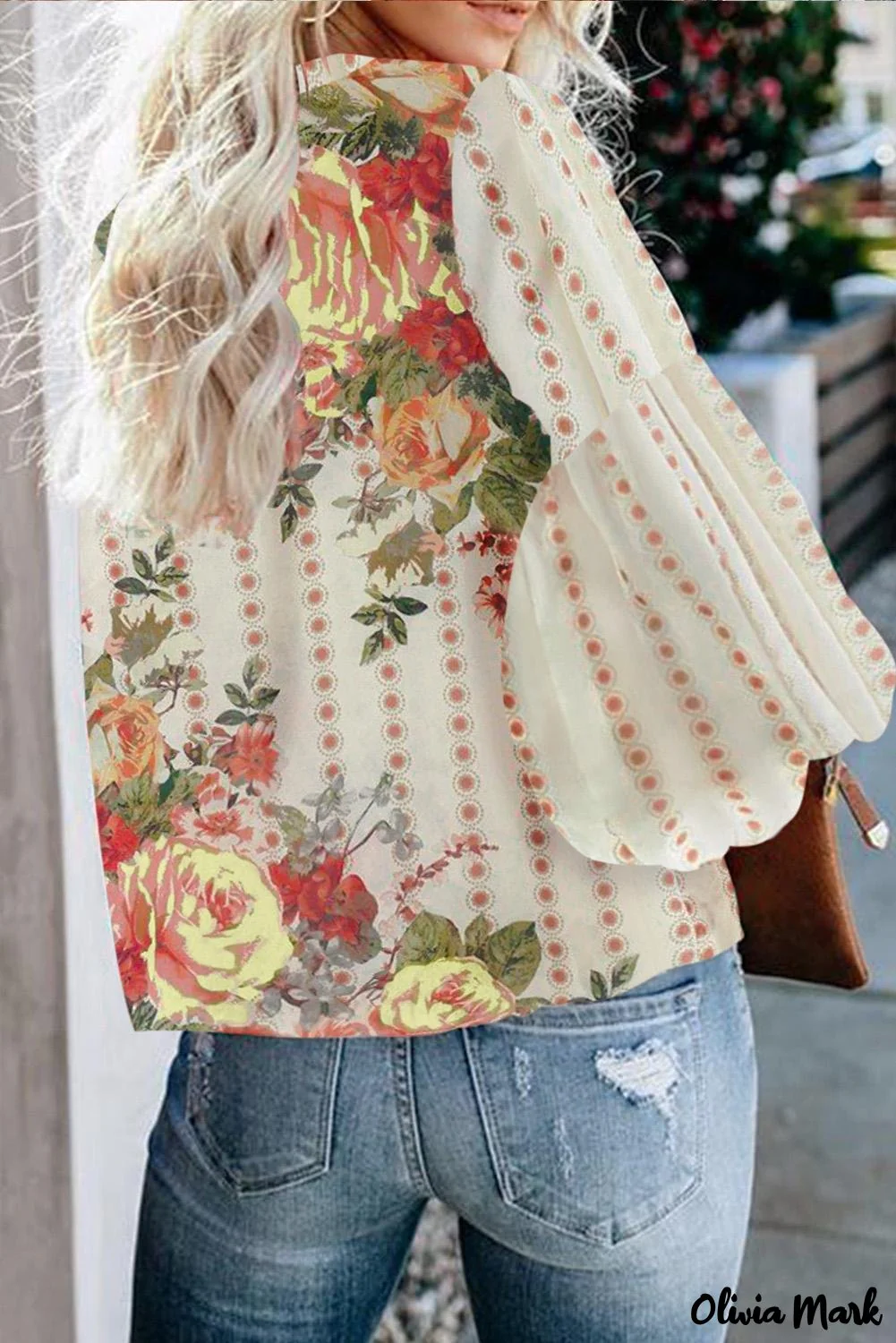 Deanwangkt - Apricot Round Neck Floral Print Balloon Sleeve Blouse - Deanwangkt
