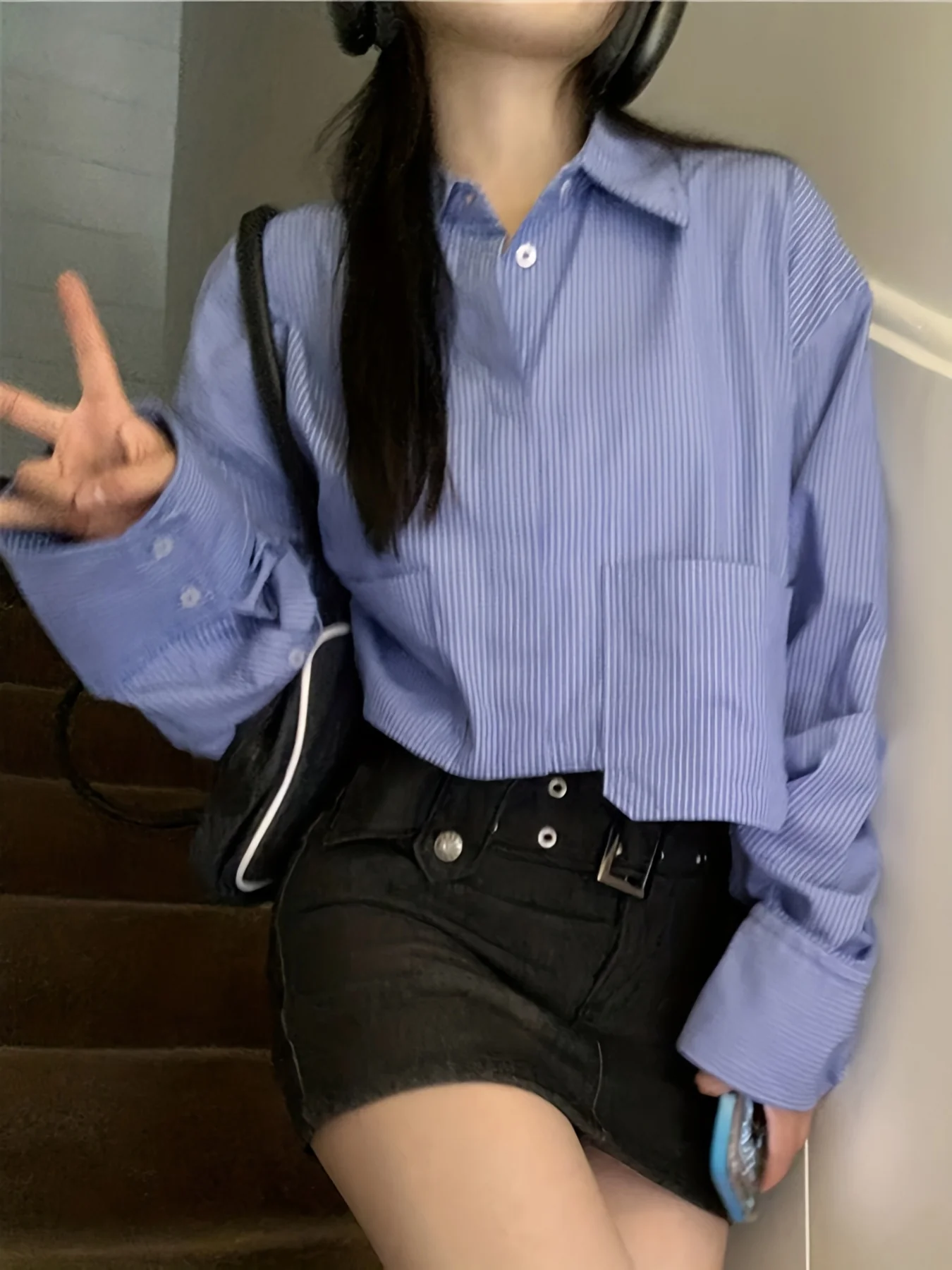 Striped Print Cropped Polo Shirt, Y2K Long Sleeve Pocket Shirt For Spring & Fall, Women's Clothing - Deanwangkt