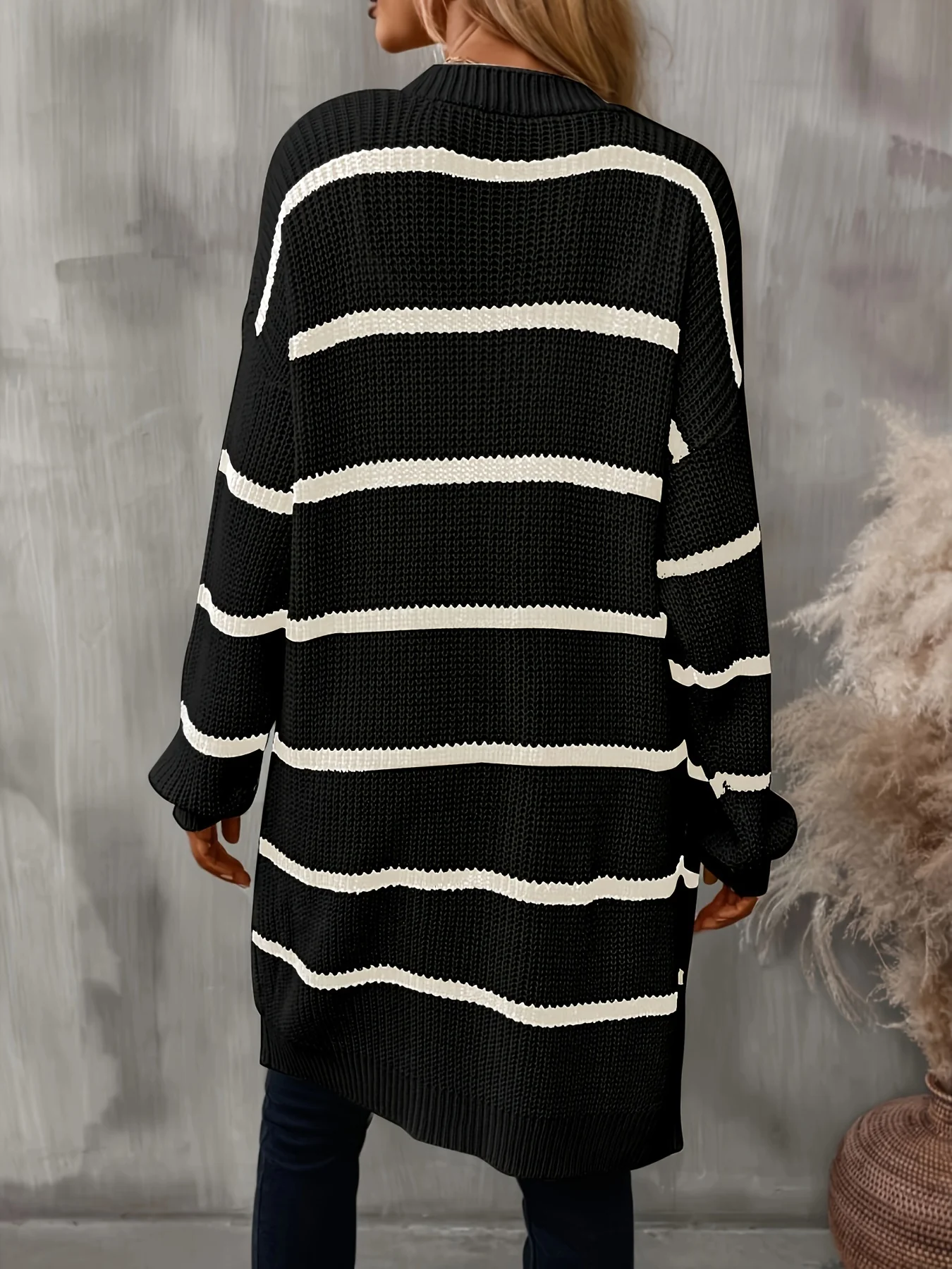 deanwangkt-1 Striped Open Front Drop Shoulder Cardigan, Casual Long Sleeve Cardigan For Fall & Winter, Women's Clothing - Deanwangkt