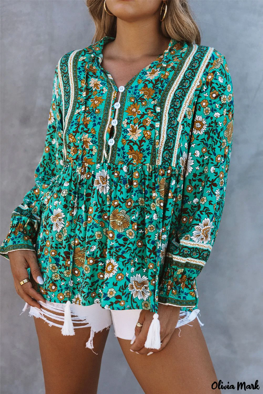 Deanwangkt - Bohemian green blouse with floral print and peplum with long sleeves - Deanwangkt