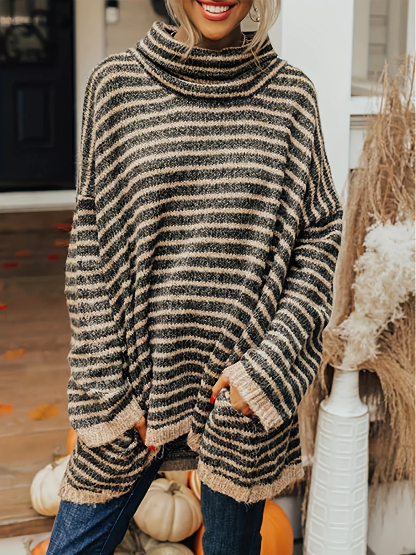 Striped Turtle Neck Pullover Sweater, Casual Long Sleeve Dipped Hem Oversized Sweater, Women's Clothing - Deanwangkt