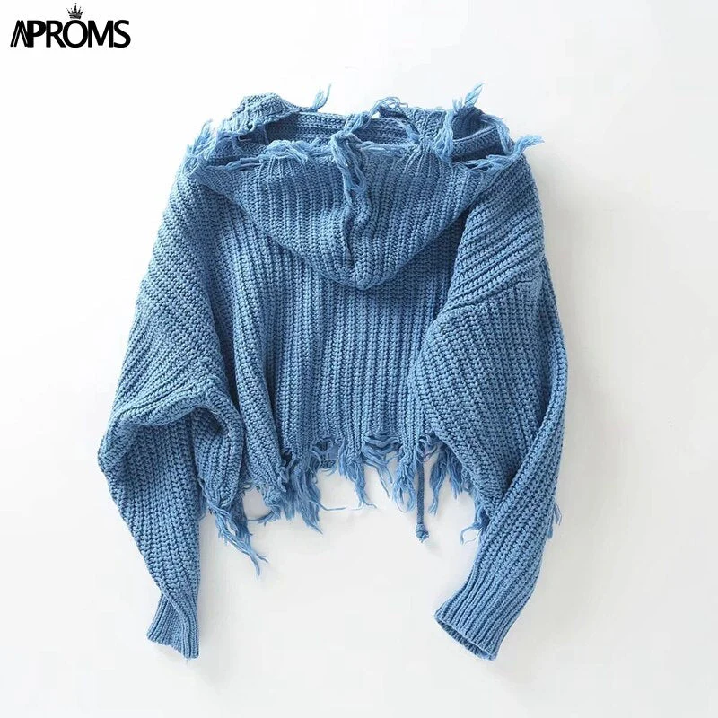 Christmas Gift Aproms Casual Tassel Hooded Knitted Sweater Women Zipper Loose Cropped Cardigans Deanwangkt Winter Coat Cool Gilrs Streetwear Jumper - Deanwangkt