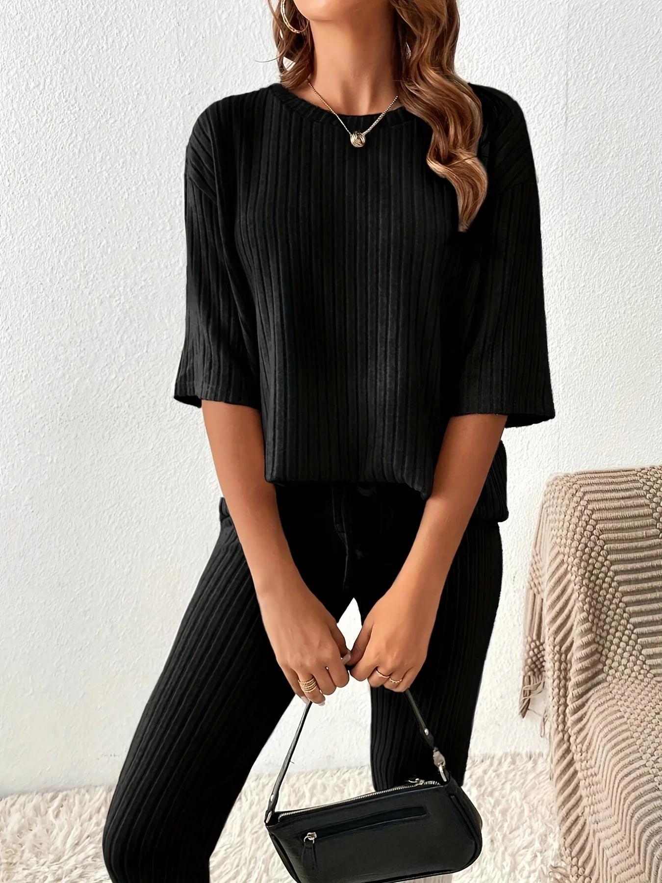 deanwangkt-1 Casual Ribbed Two-piece Set, Half Sleeve Crew Neck Top & Slim Pants Outfits, Women's Clothing - Deanwangkt