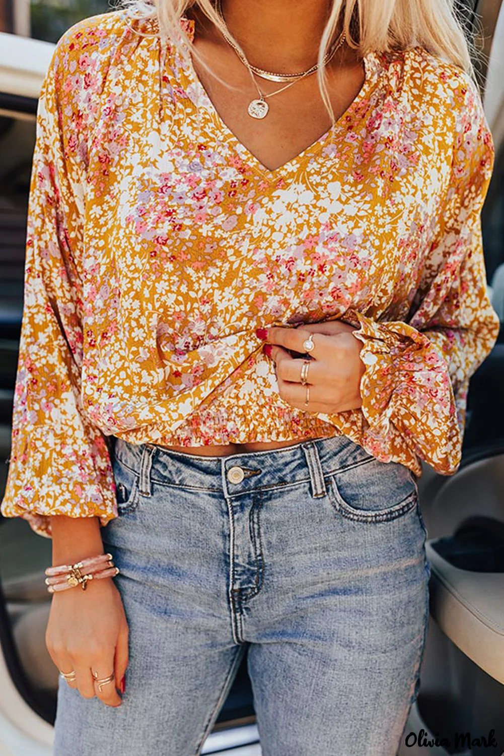 Deanwangkt - Yellow Floral Split V-Neck Blouse - Deanwangkt