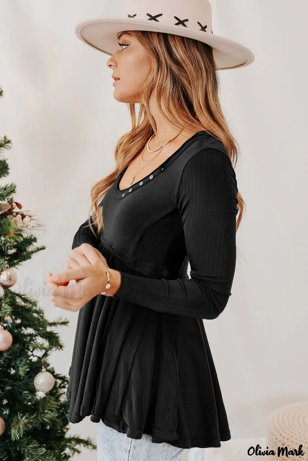 Deanwangkt - Black Babydoll Blouse with Long Sleeves and Solid Color Buttons - Deanwangkt