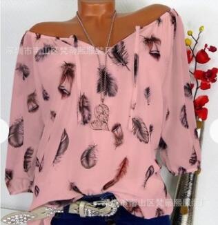 5XL Plus Large Size Women's Blouses Summer Tops New Leisure Blouse White Loose Feather Print V Neck Half Sleeve Shirts Blusas - Deanwangkt