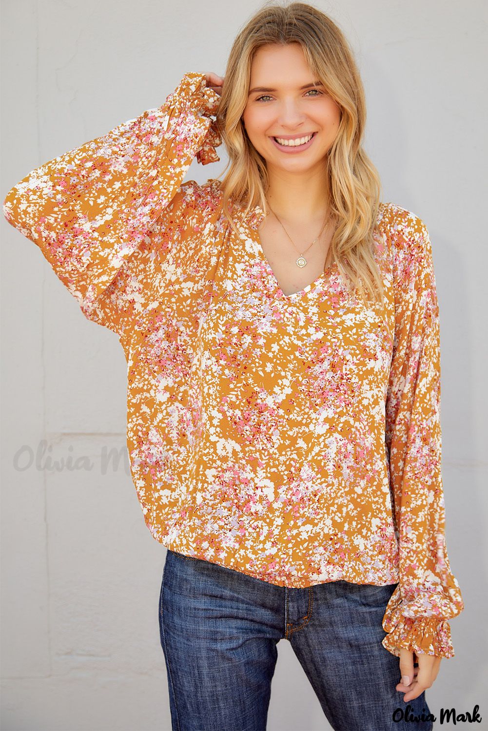 Deanwangkt - Yellow Floral Split V-Neck Blouse - Deanwangkt