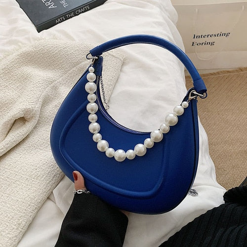 Back To College Deanwangkt Kawaii Tote PU Leather Half Moon Armpit Bag With Pearl Short Handle Women's Designer Handbag Luxury Shoulder Crossbody Bag - Deanwangkt