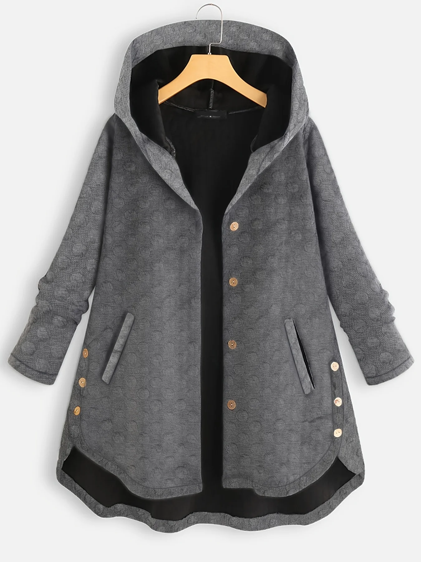 deanwangkt-1  Swiss Dot Hooded Coat, Open Front Long Sleeve Dual Pocket Coat, Outerwear For Fall & Winter, Women's Clothing - Deanwangkt