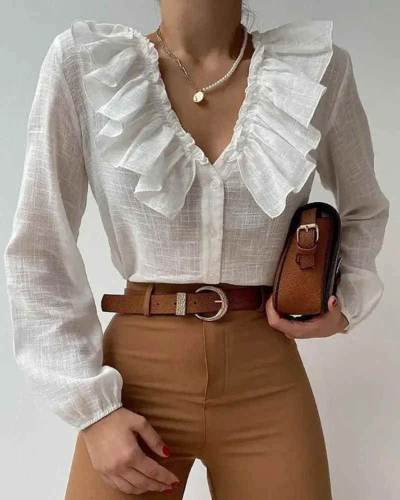 Deanwangkt - Long Sleeve Ruffle Button Down Casual Top - Deanwangkt